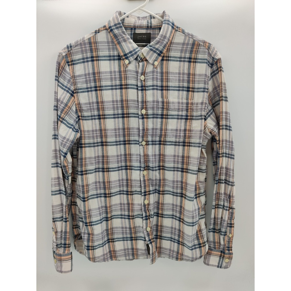 Jachs New York Mens Classic Fit Plaid Button Down Shirt Cream Blue Orange Size M